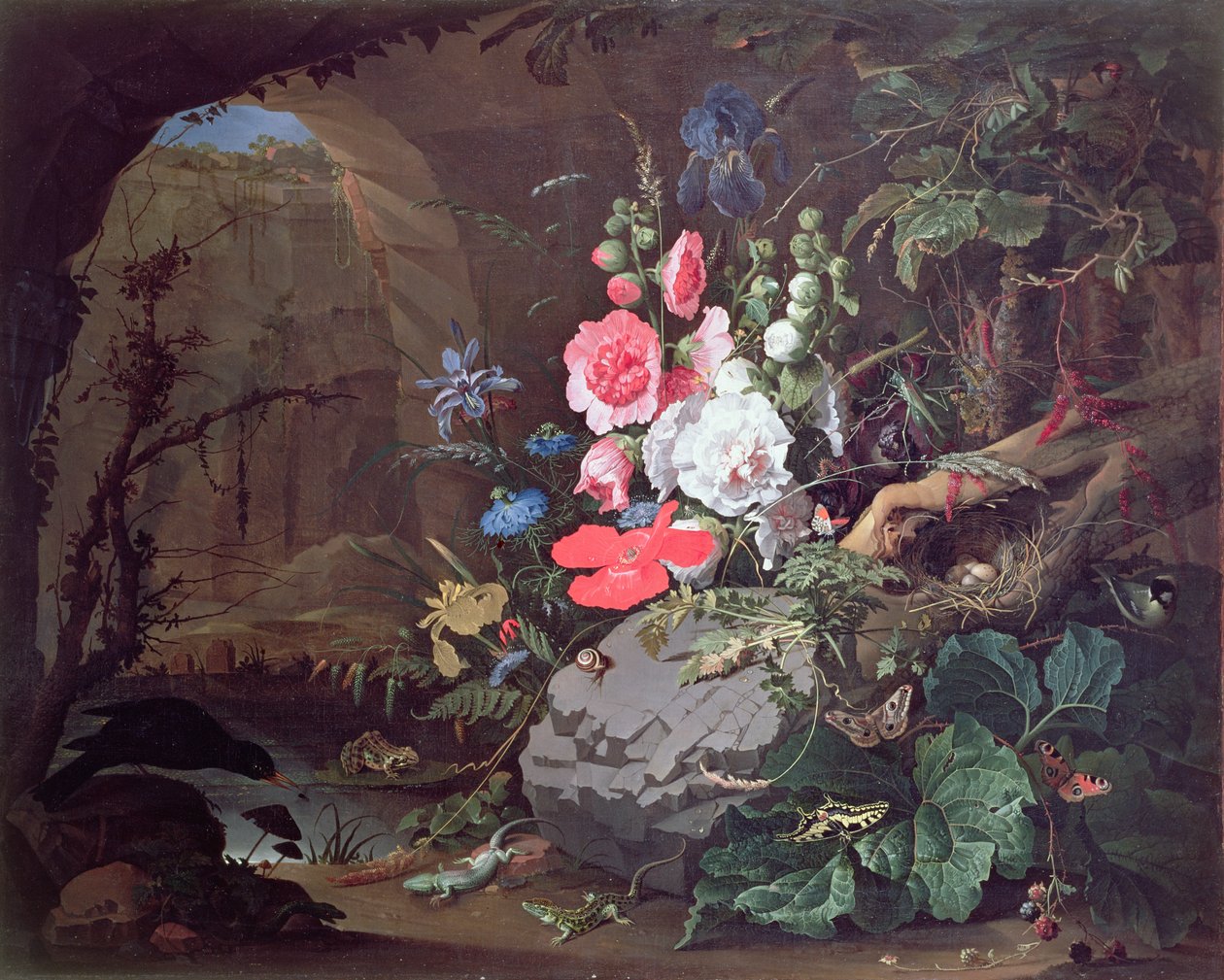 花和鸟在一个山洞里 作者 亚伯拉罕·米尼翁（Abraham Mignon）