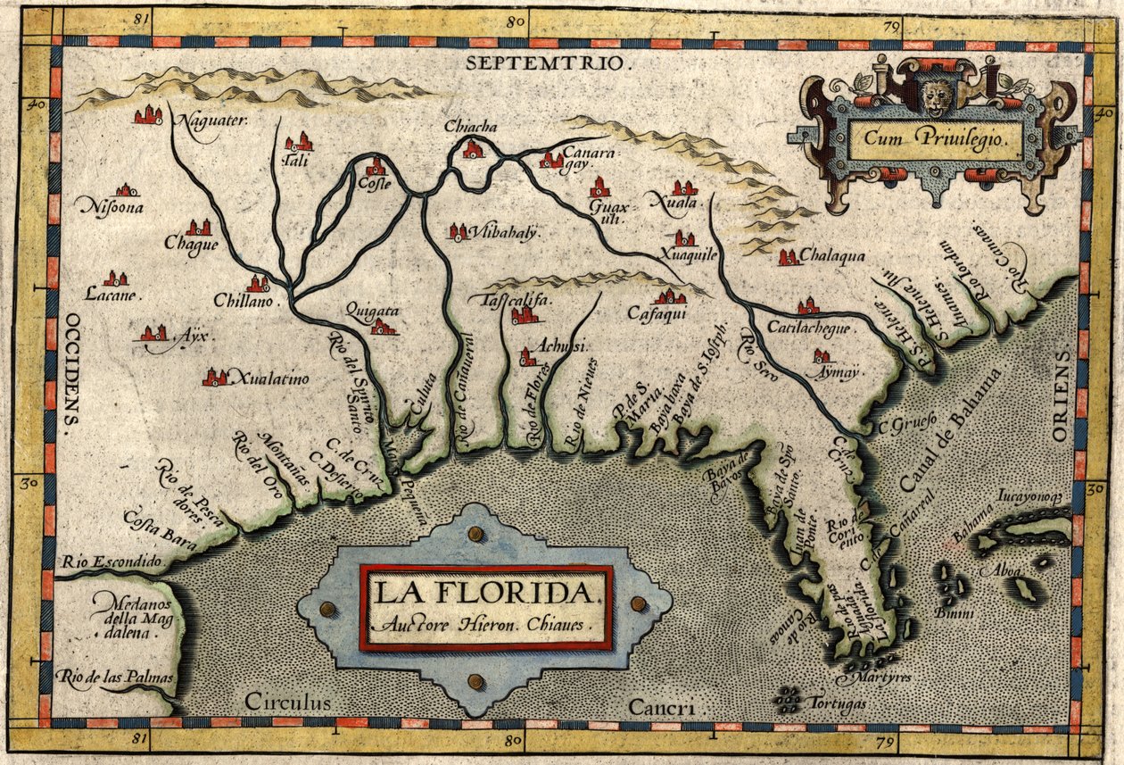 佛罗里达州地图，c.1584（手工彩色雕刻） 作者 亚伯拉罕·奥特里乌斯（Abraham Ortelius）