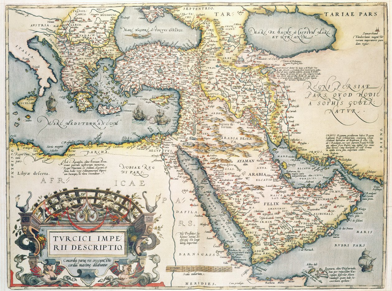 中东地图，来自Theatrvm Orbis Terrarvm，1570（手工彩色雕刻） 作者 亚伯拉罕·奥特里乌斯（Abraham Ortelius）