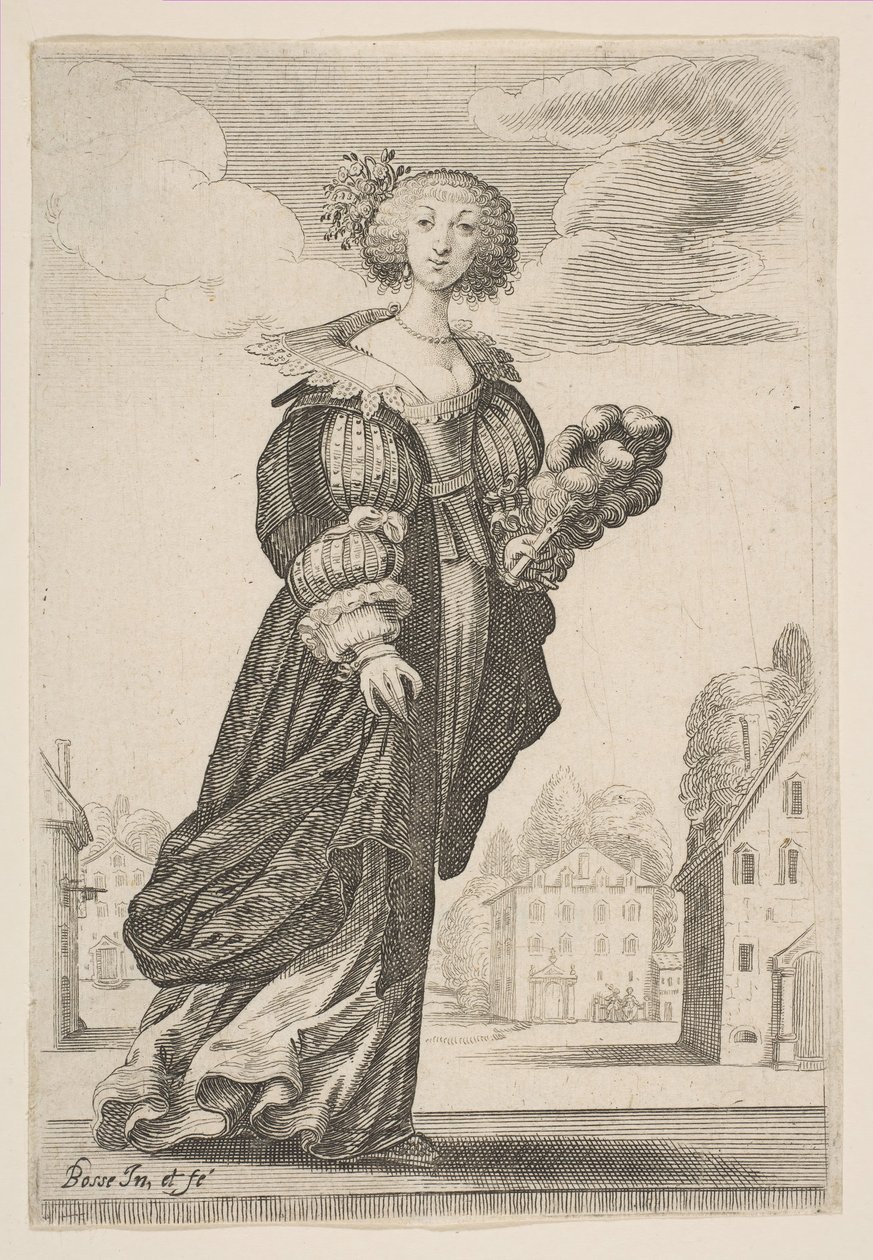 抱着风扇的女人，1629年。 作者 亚伯拉罕·博斯（Abraham Bosse）