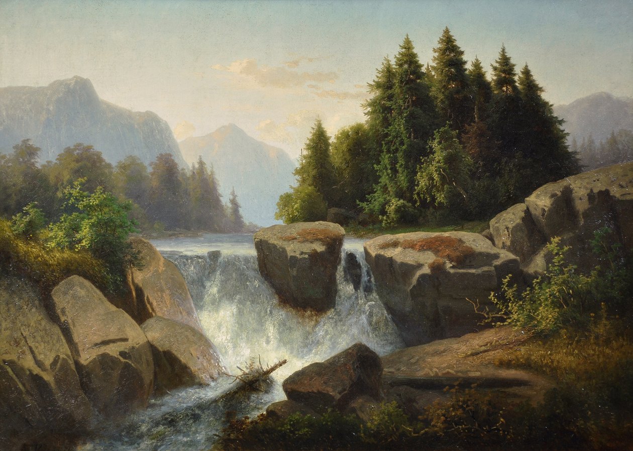 与瀑布的山风景，c。 1853年 作者 阿道夫·科萨里克（Adolf Kosareek）