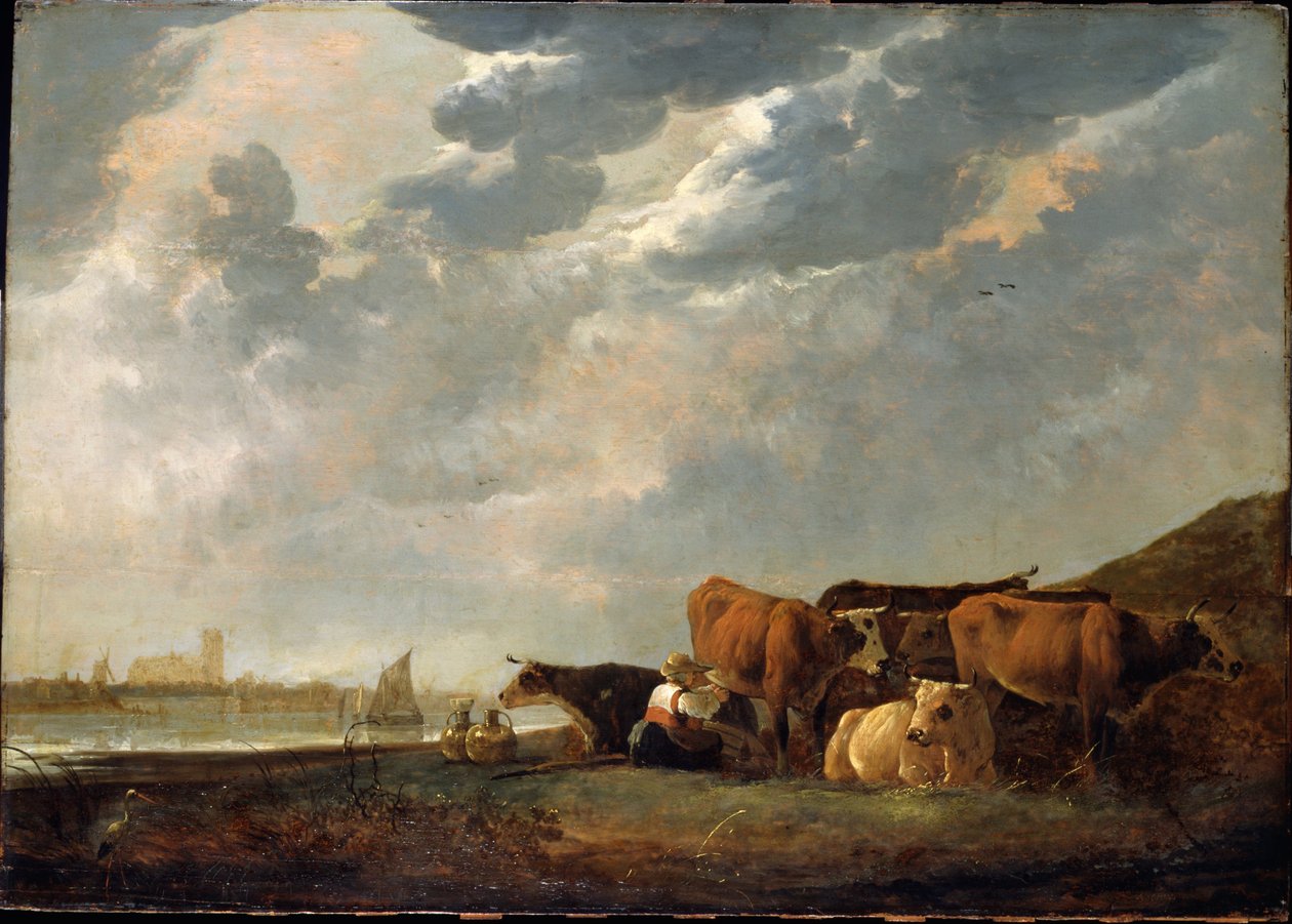 马斯附近的牛，远处有多德雷赫特 作者 艾伯特·奎普（Aelbert Cuyp）