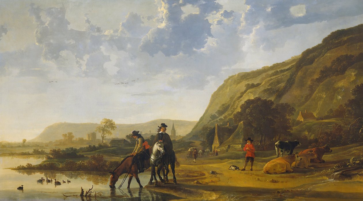 1655年与骑手的河道景观 作者 艾伯特·奎普（Aelbert Cuyp）