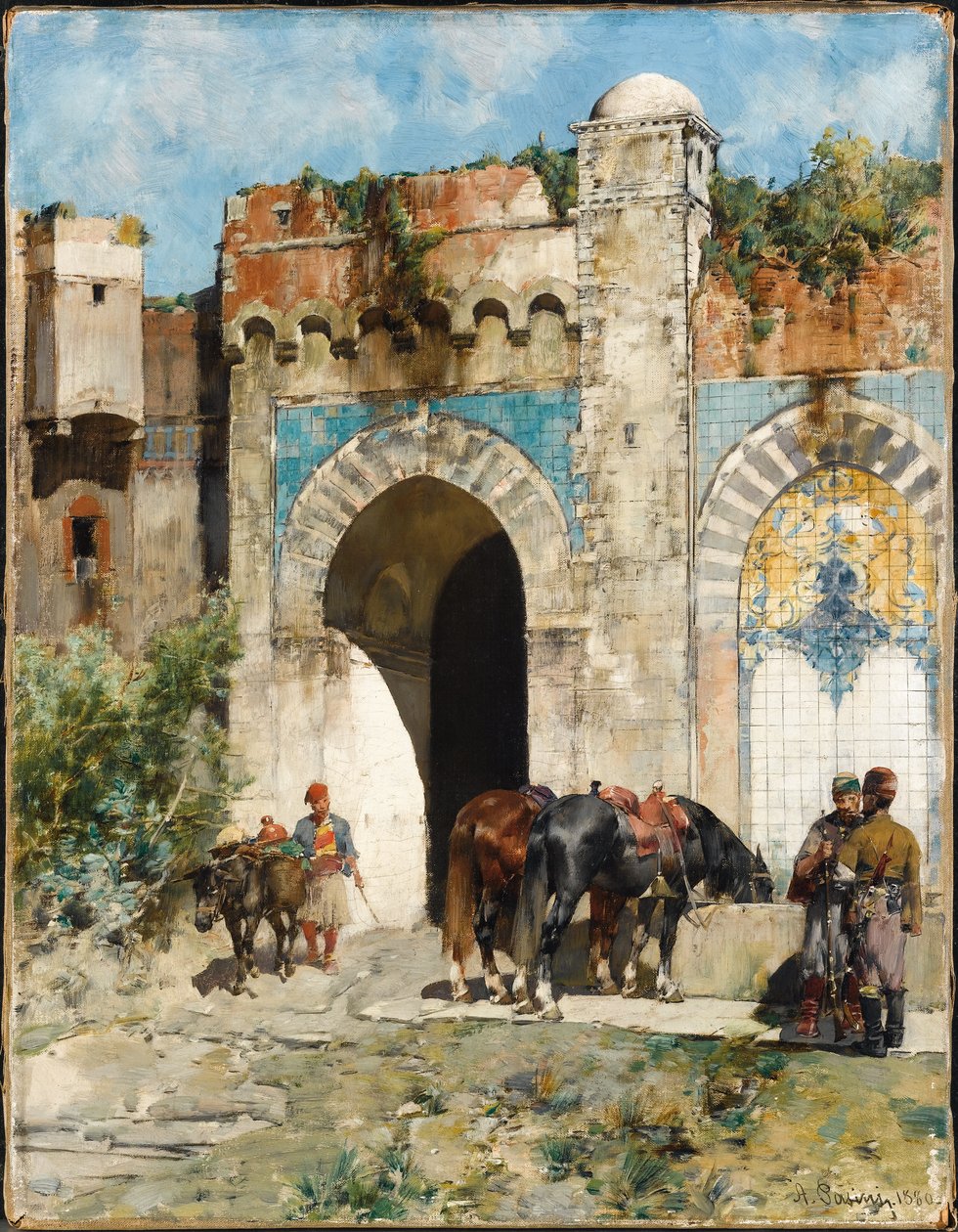 给马浇水，1880年 作者 阿尔贝托·帕西尼（Alberto Pasini）