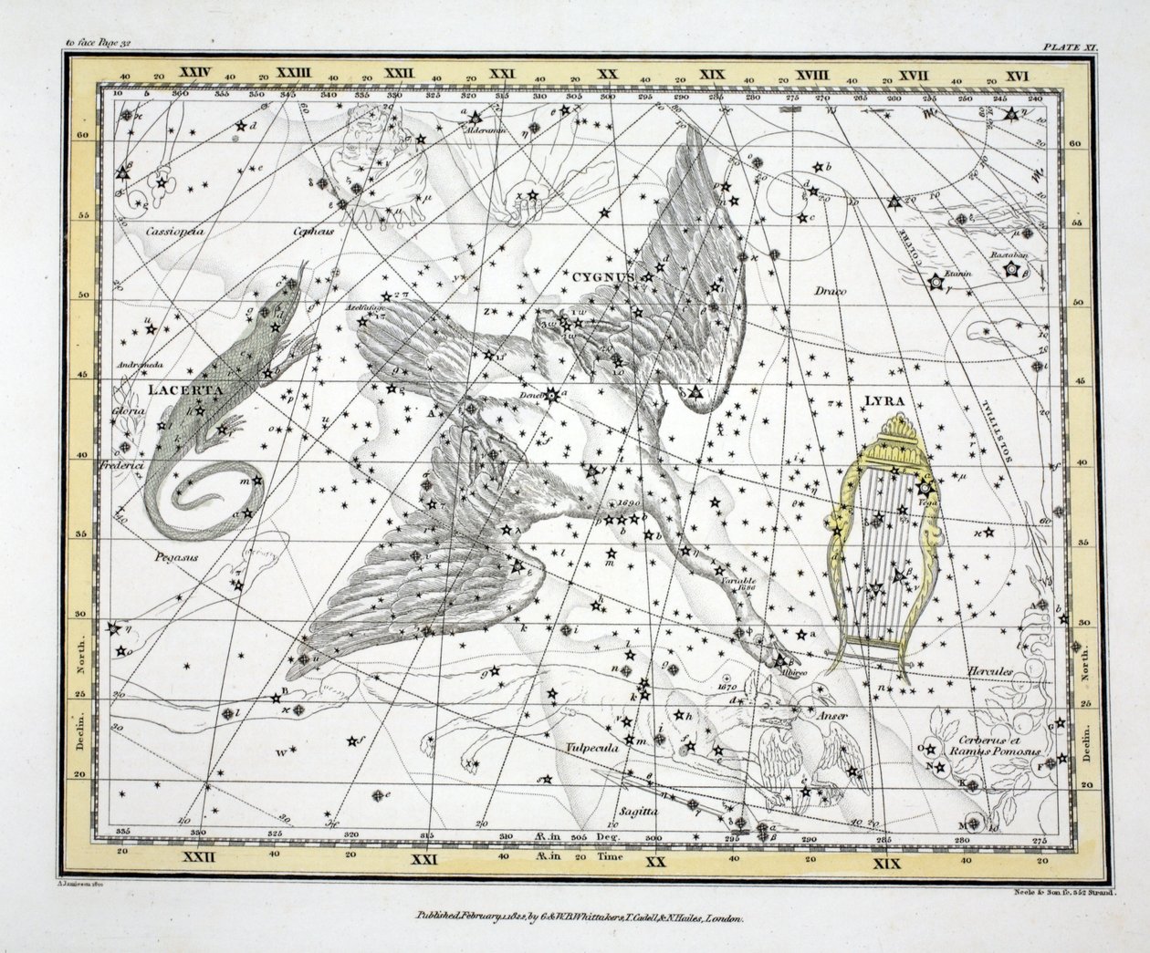 星座（板块十一）Cygnus，Lacerta和Via Lactea，来自&39;A Celestial Atlas&39;，由Alexander Jamieson，酒吧。伦敦1822年（手工彩色雕刻） 作者 亚历山大·杰米森