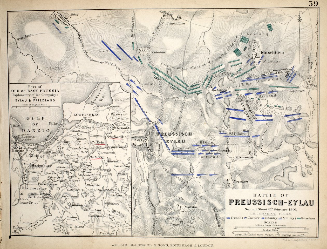 Preussisch-Eylau战役地图，由威廉·布莱克伍德和儿子出版，爱丁堡和伦敦，1848年（手工彩色雕刻） 作者 亚历山大·基思·约翰斯顿