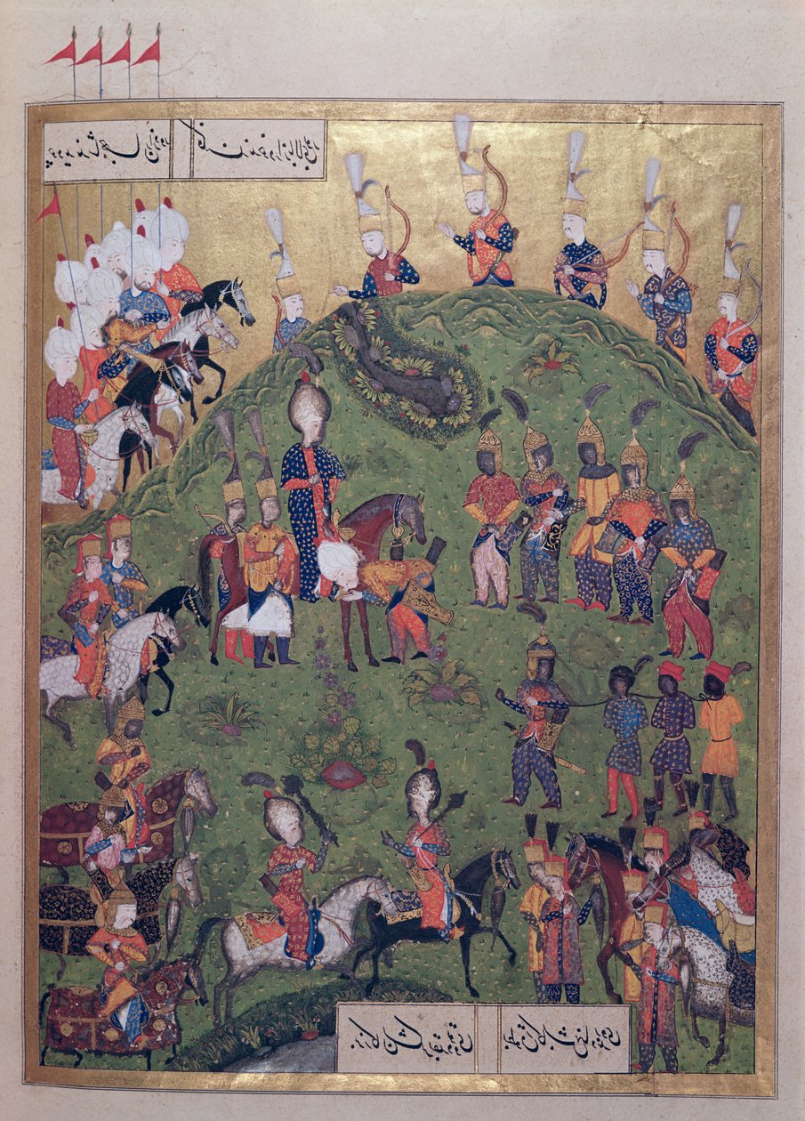 苏丹苏莱曼一世（1495-1566）抵达Bogurdelen堡垒，来自&39;Suleymanname&39;（Mss Hazine.1517 f.81r），1558年（牛皮纸上的墨水和金箔） 作者 阿里·阿米尔·贝格