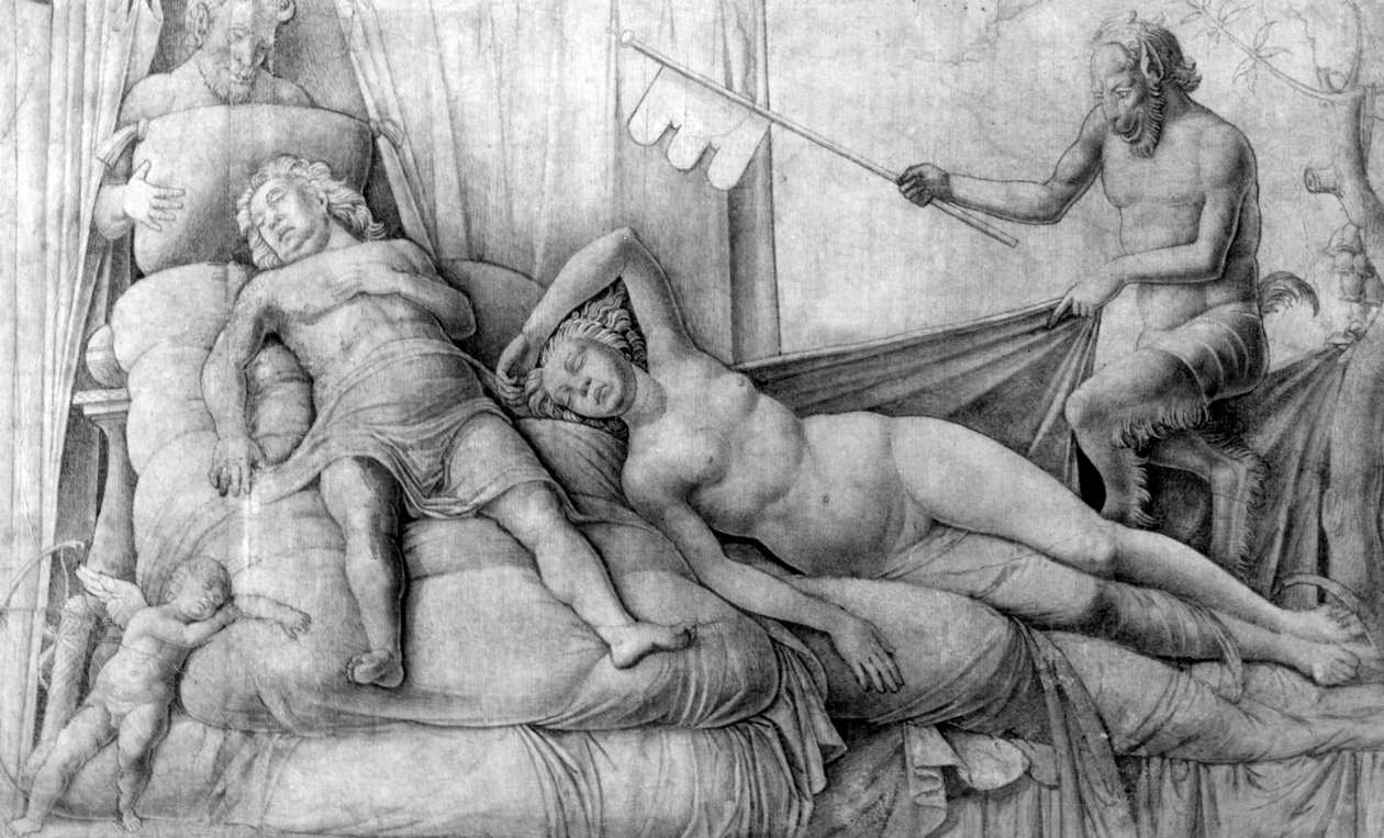 裸体女人睡着丘比特和萨特 作者 安德里亚·曼特尼亚（Andrea Mantegna）