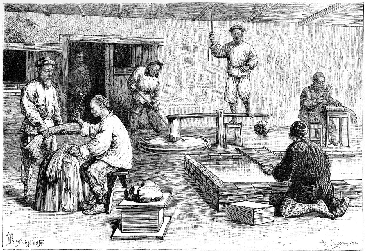中国的一家造纸厂，1895年。 作者 阿曼·科尔（Armand Kohl）