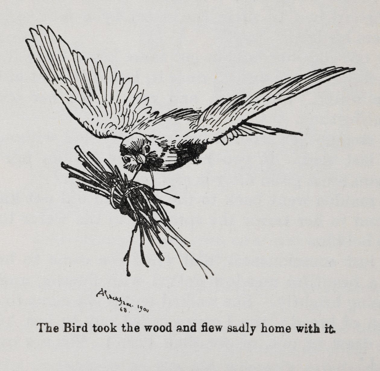 一只鸟叼着一捆树枝。 作者 亚瑟·拉克汉姆（Arthur Rackham）