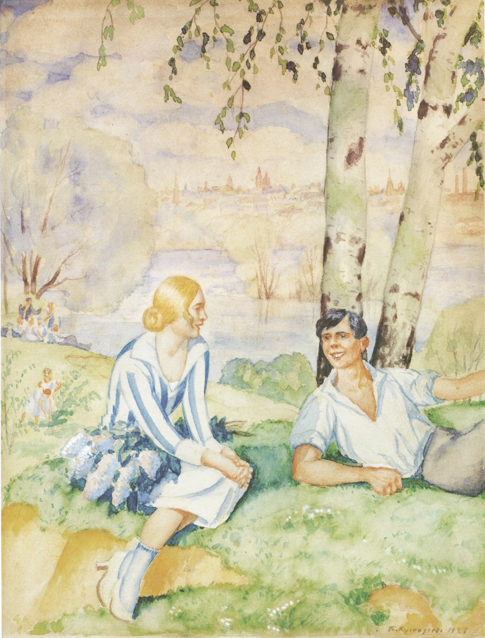 春天在河岸上，1927年 作者 鲍里斯·米哈伊洛维奇·库斯托季耶夫
