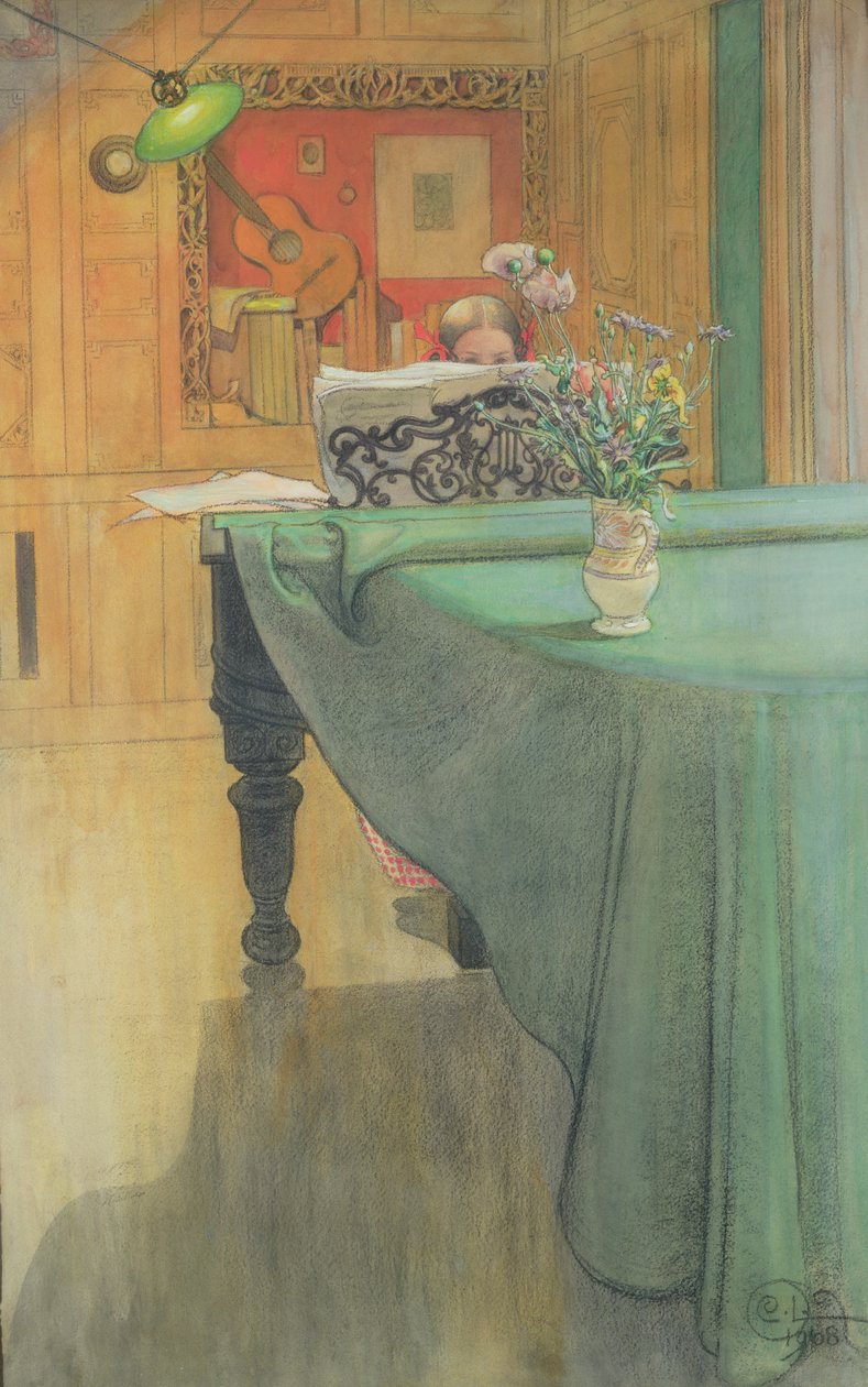 布里塔在钢琴上，1908年 作者 卡尔·拉森