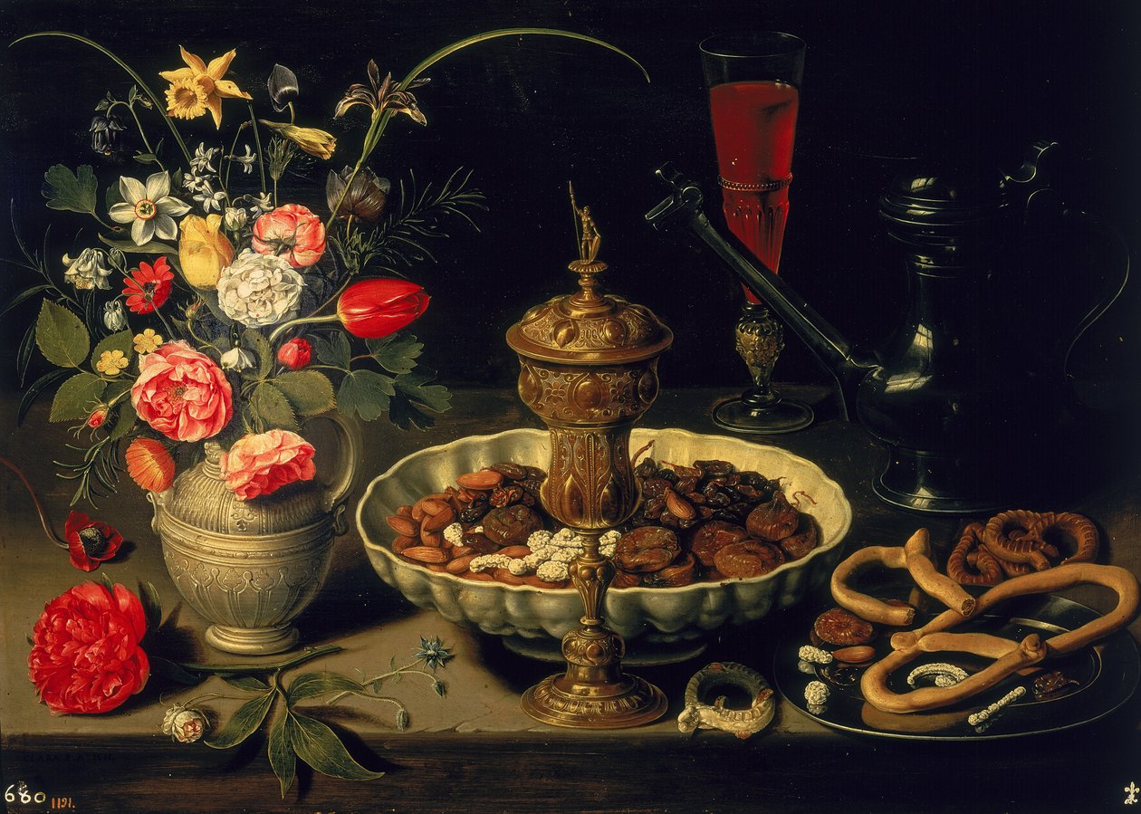 鲜花和干果的静物，1611年 作者 夏洛特·埃文斯