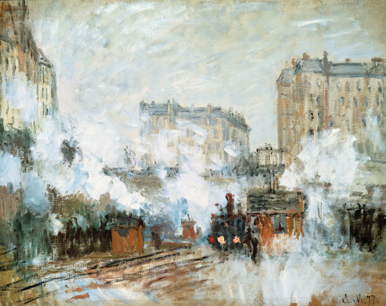 Gare Saint-Lazare的外观，火车的到来，1877年 作者 克劳德·莫奈