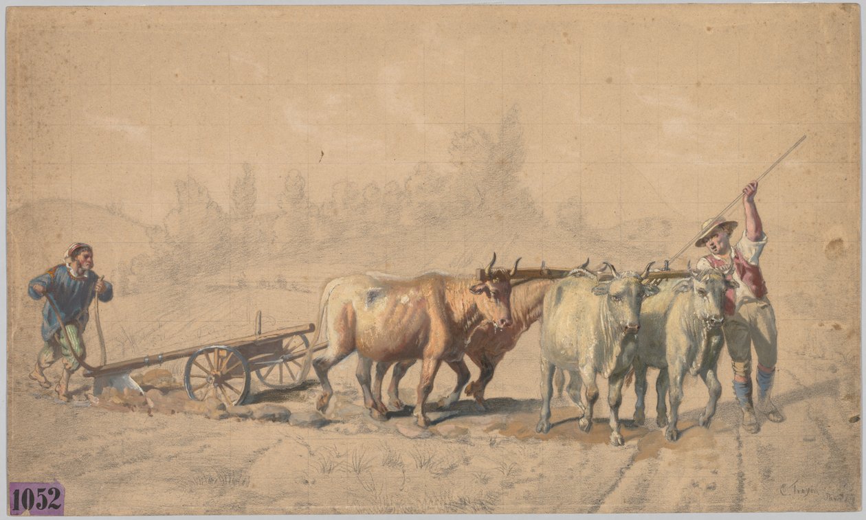 四牛拉犁，1853年。 作者 恒彩