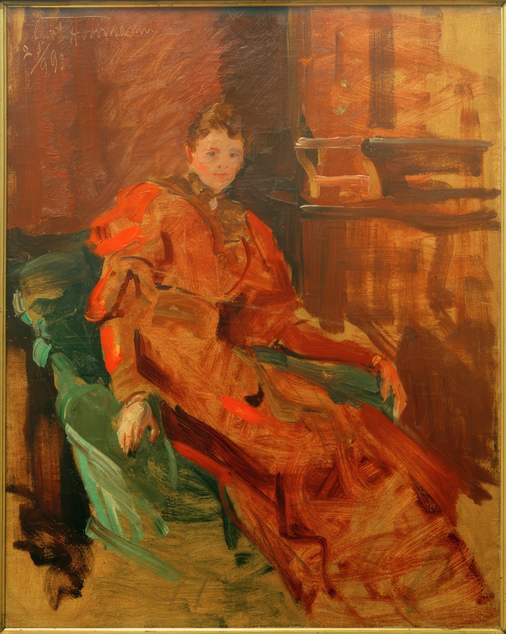 红色礼服的夫人在绿色扶手椅子 作者 库特·赫尔曼
