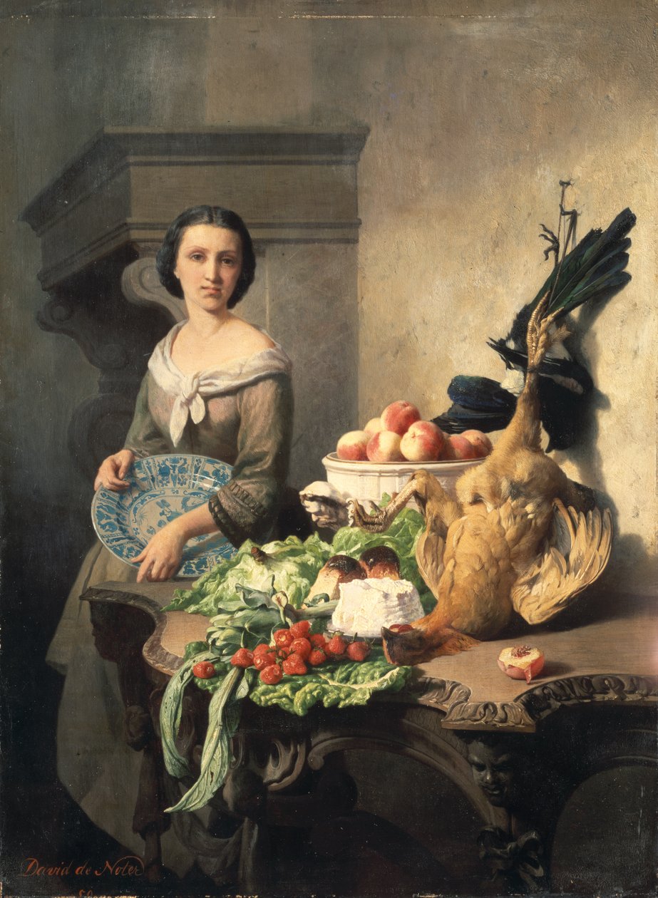 服务女孩站在旁边的食物，1859年 作者 戴维·埃米尔·约瑟夫·德·诺特
