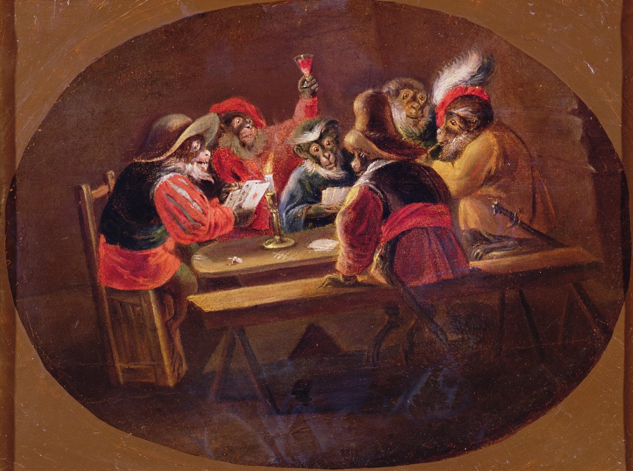 猴子打扮成士兵打牌和狂欢 作者 大卫·特尼尔斯（David Teniers）