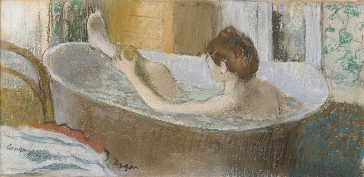 女人在她的浴室，海绵她的腿，c.1883（粉彩在纸上） 作者 埃德加·德加