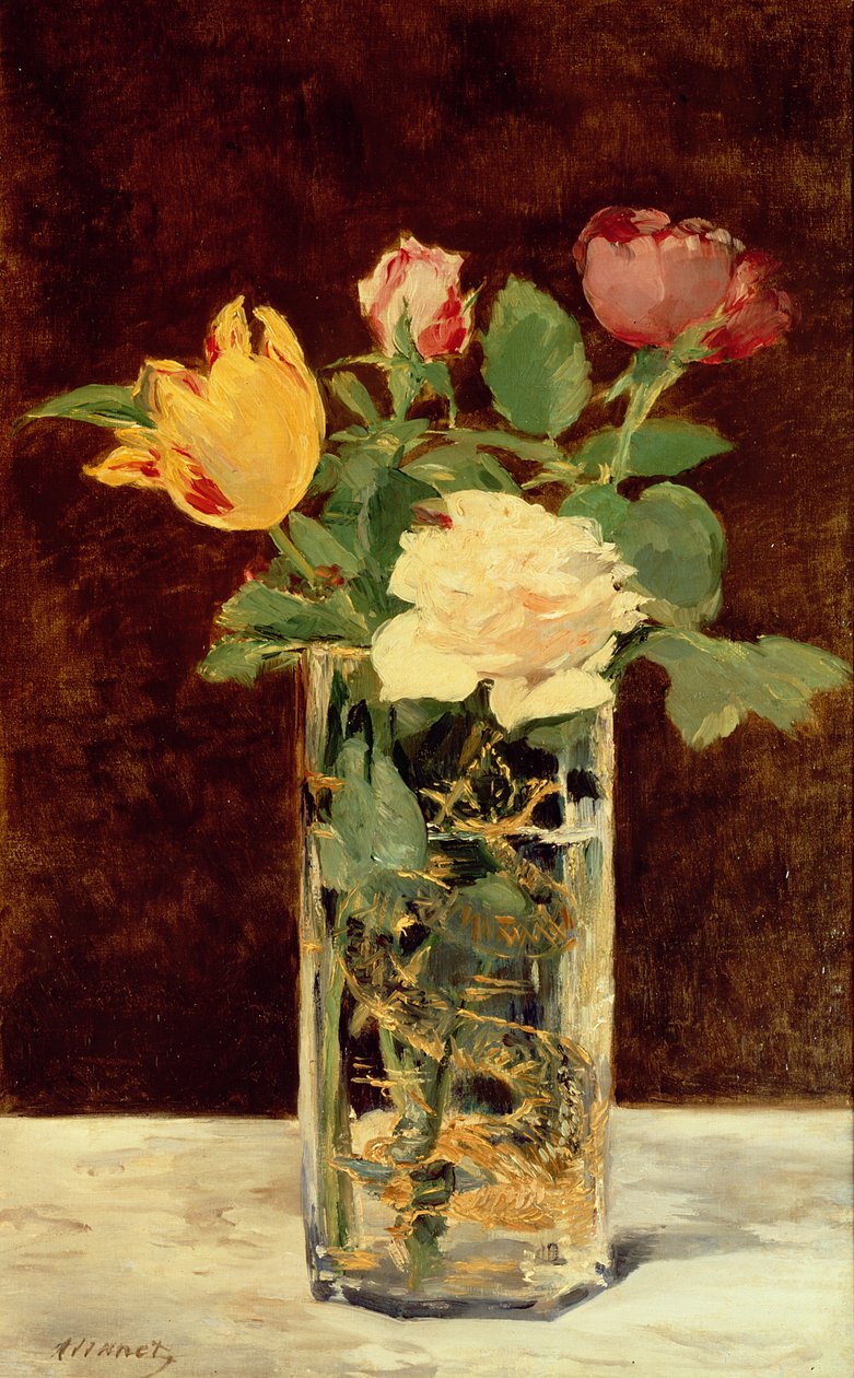 玫瑰和郁金香花瓶，1883年 作者 爱德华·马奈