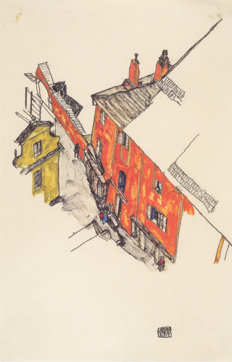 Klmau的老有山墙的房子从Schlossberg 作者 埃贡·席勒（Egon Schiele）