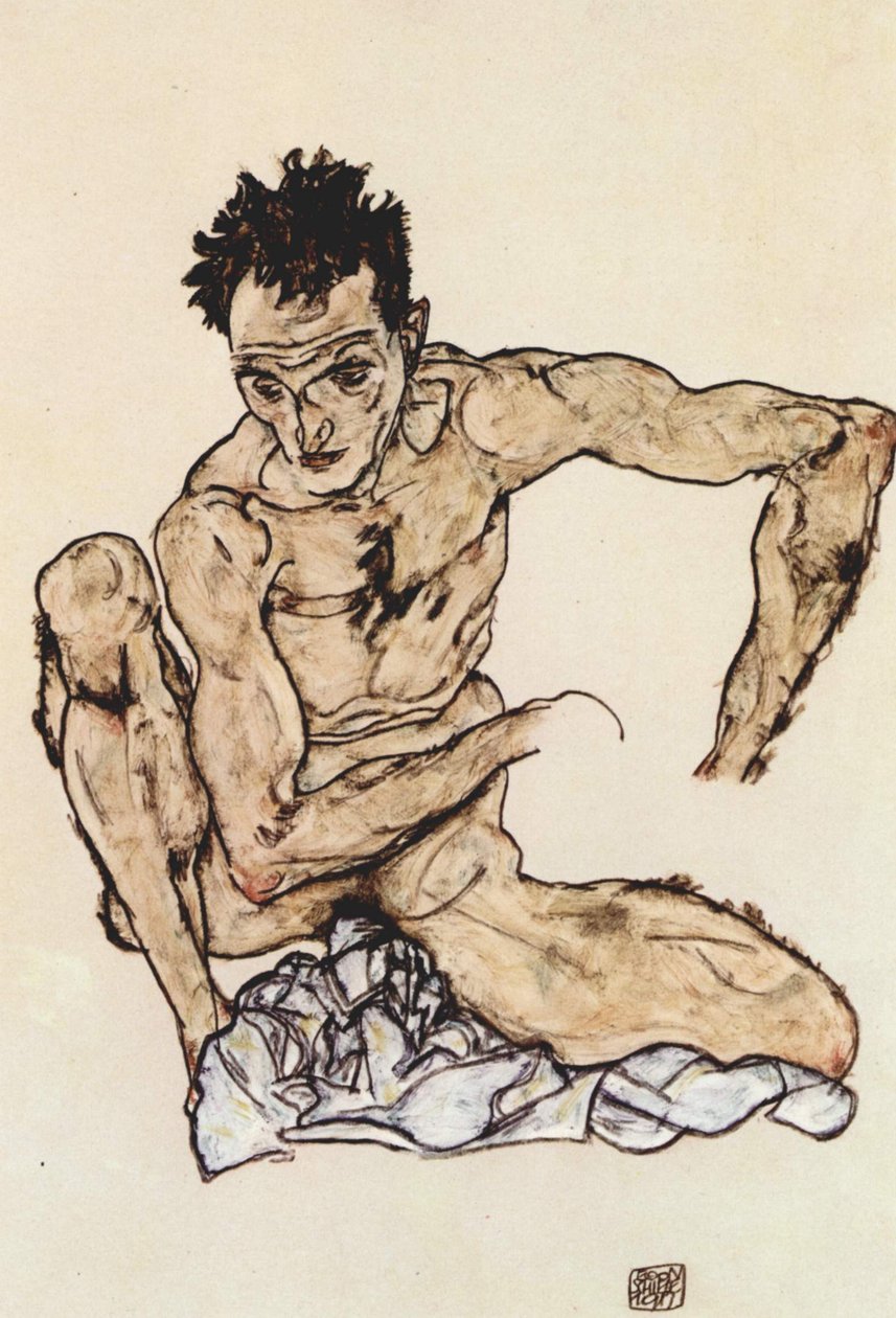蹲男性裸体 作者 埃贡·席勒（Egon Schiele）