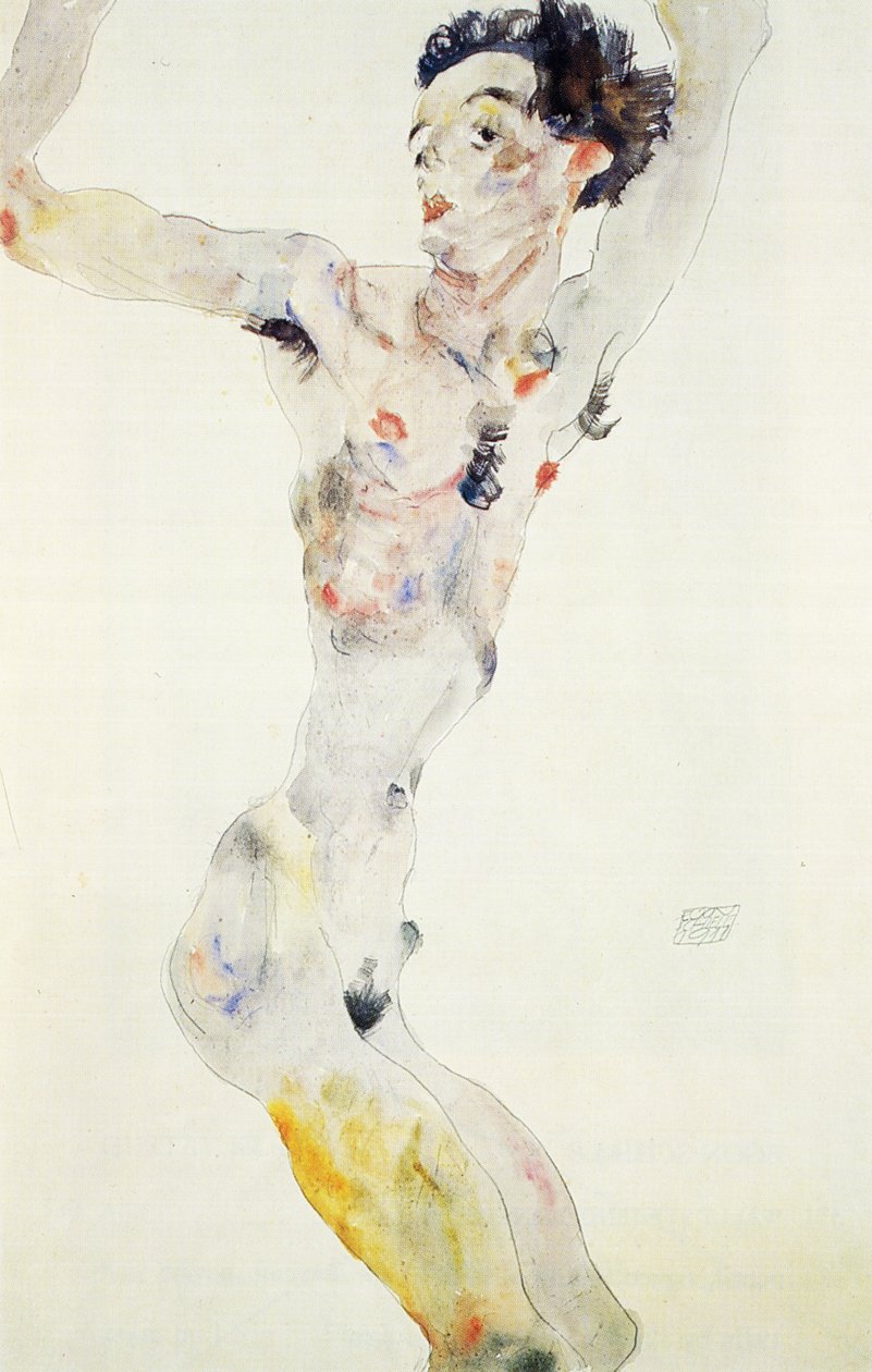 自画像，1911年（纸上铅笔和厕所） 作者 埃贡·席勒（Egon Schiele）