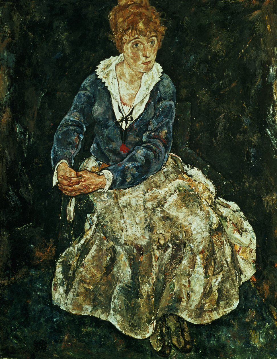 艺术家的妻子坐着，c.1912 作者 埃贡·席勒（Egon Schiele）