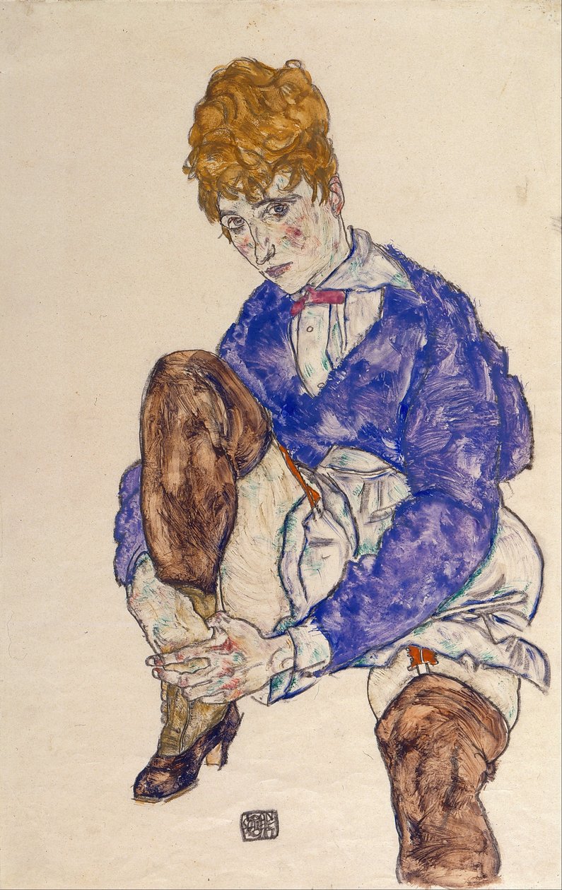 艺术家妻子的肖像坐着，抱着她的右腿 作者 埃贡·席勒（Egon Schiele）