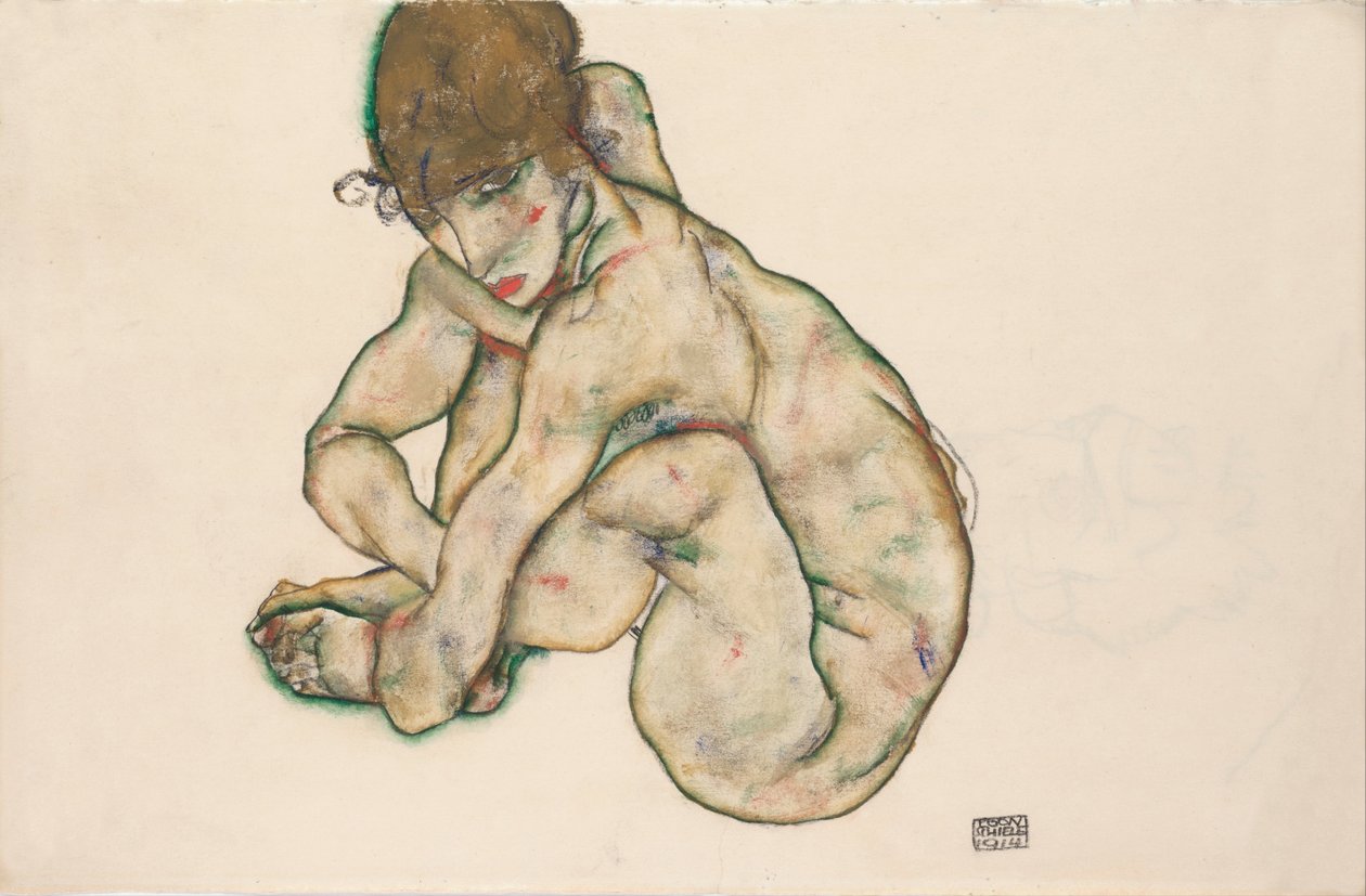 蹲着的裸体女孩，1914年 作者 埃贡·席勒（Egon Schiele）