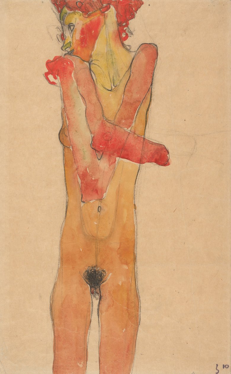 交叉着双臂的女孩裸体，1910年 作者 埃贡·席勒（Egon Schiele）