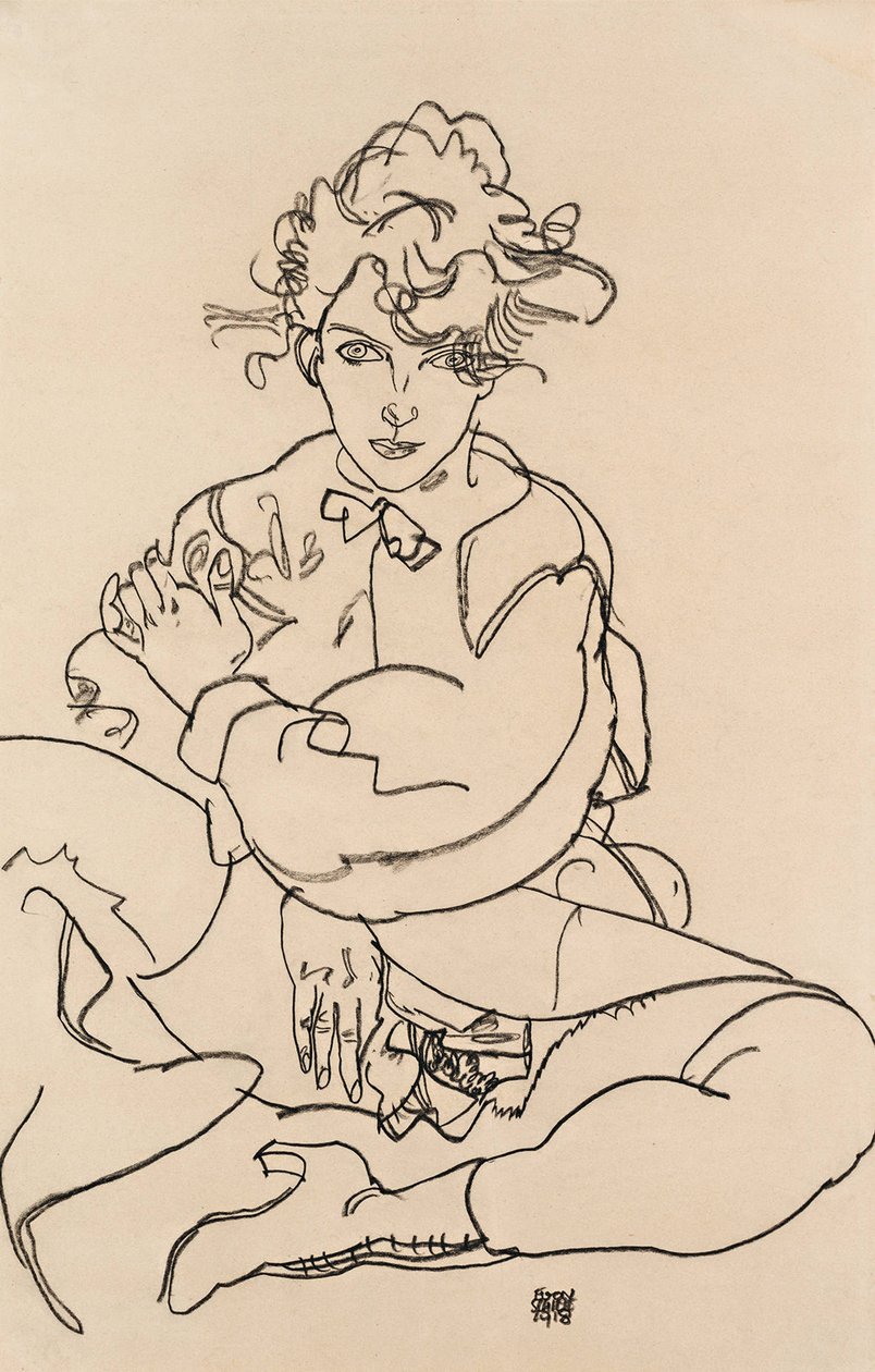 1918年，女孩坐在一起张开双腿 作者 埃贡·席勒（Egon Schiele）