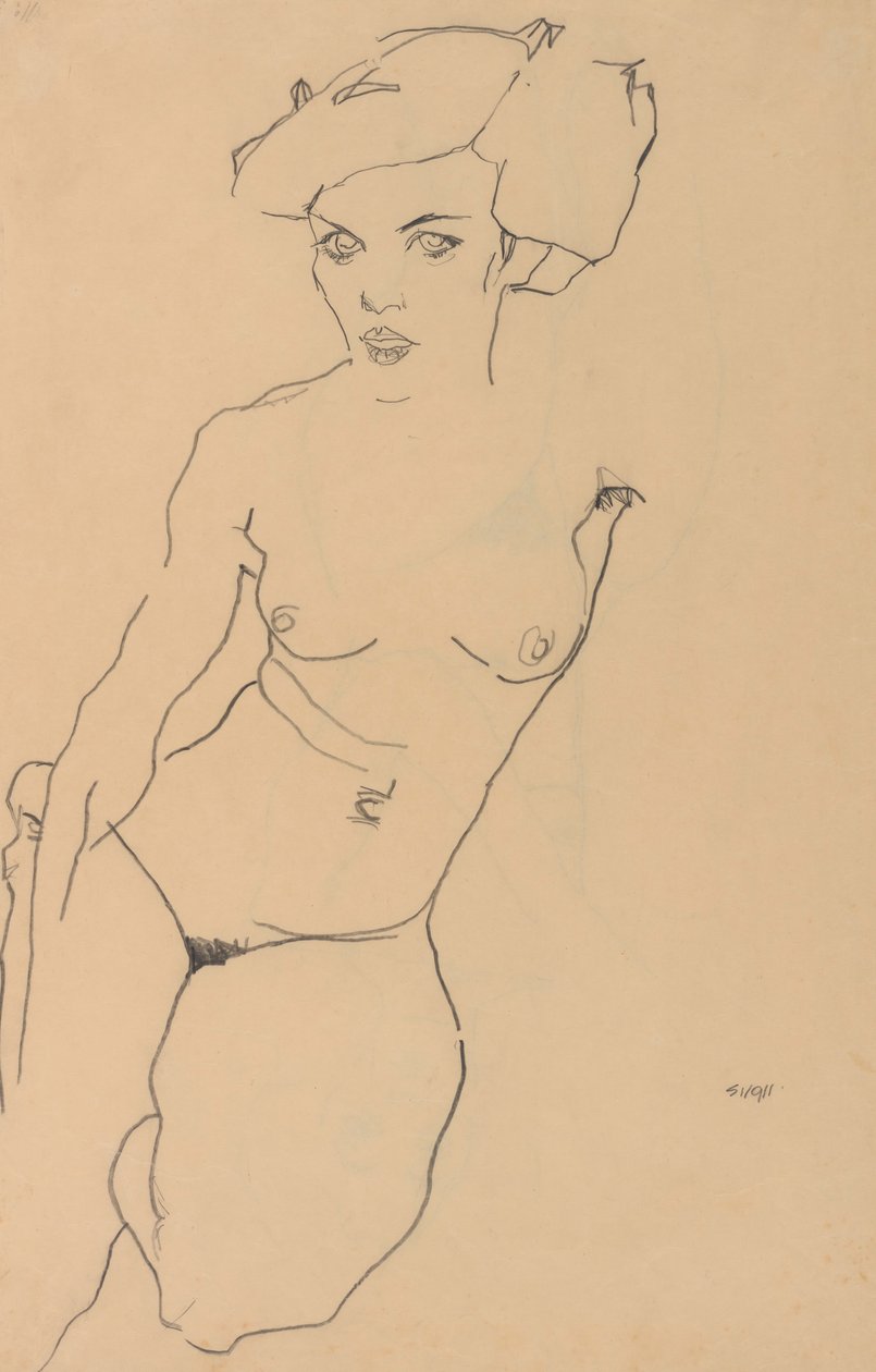 跪着的女性裸体 作者 埃贡·席勒（Egon Schiele）
