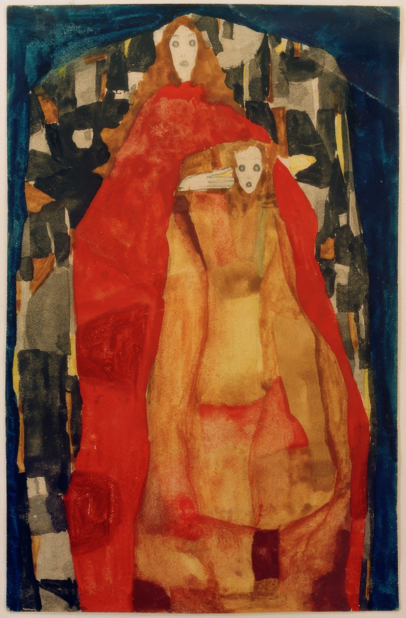 有孩子的母亲穿着红色外套 作者 埃贡·席勒（Egon Schiele）