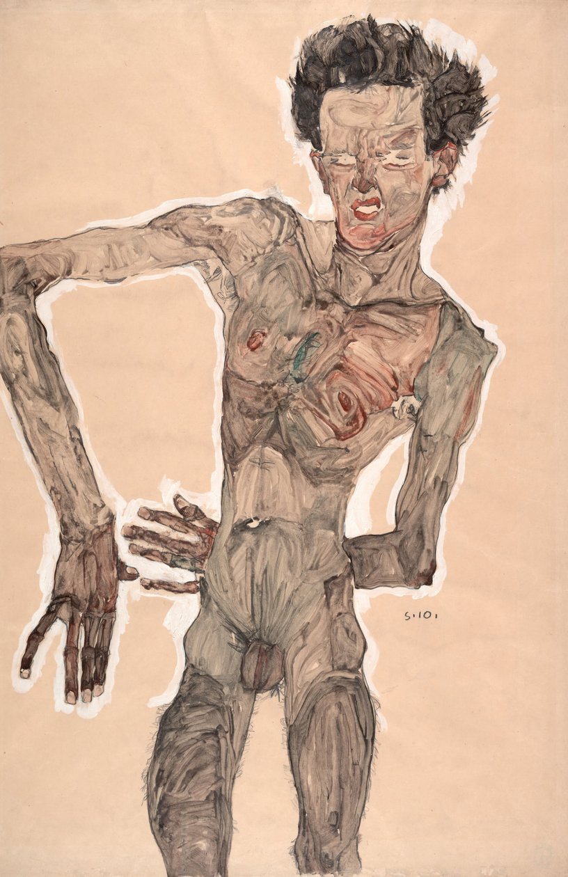 裸体自画像，做鬼脸 作者 埃贡·席勒（Egon Schiele）