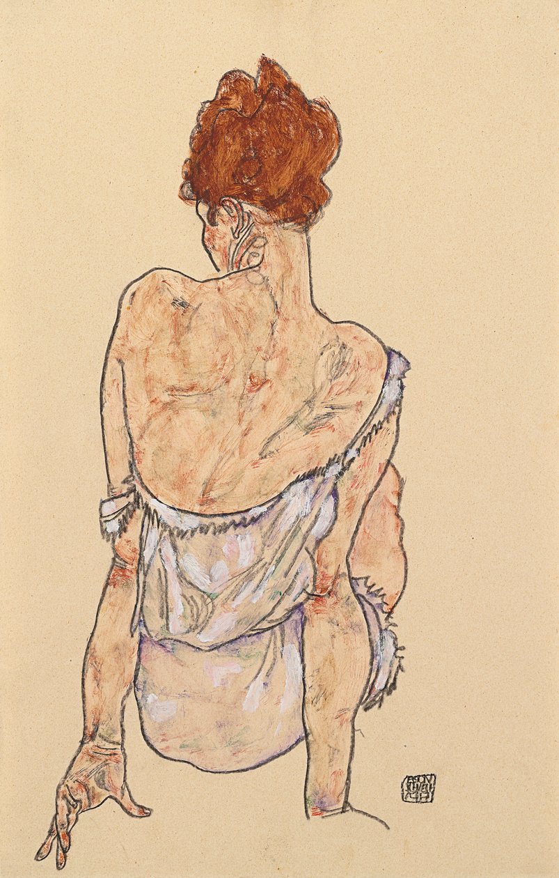 坐着的女人穿着内衣，后视图，1917年 作者 埃贡·席勒（Egon Schiele）