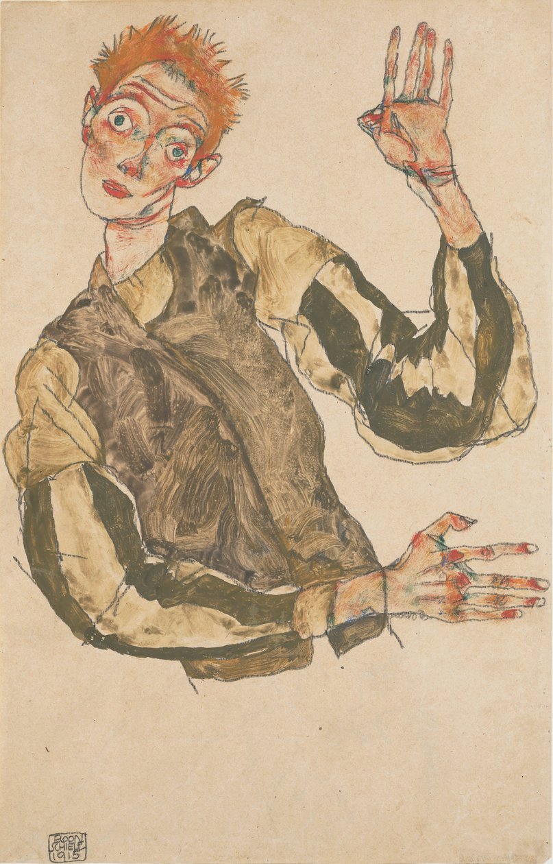 条纹臂章自画像，1915年 作者 埃贡·席勒（Egon Schiele）