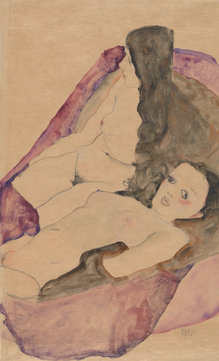 两幅躺着的裸体画，1911年。 作者 埃贡·席勒（Egon Schiele）