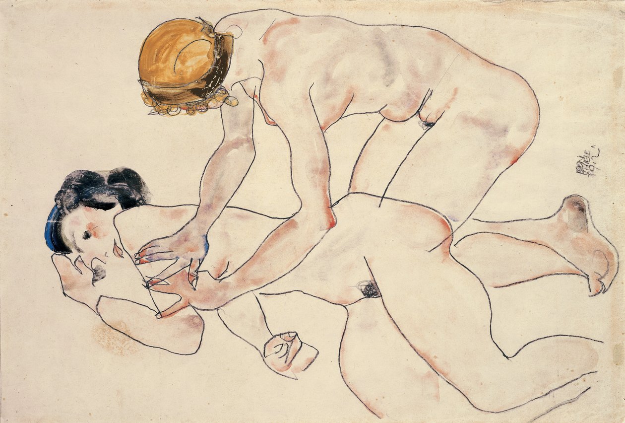 两个女性裸体，斜倚和跪下 作者 埃贡·席勒（Egon Schiele）