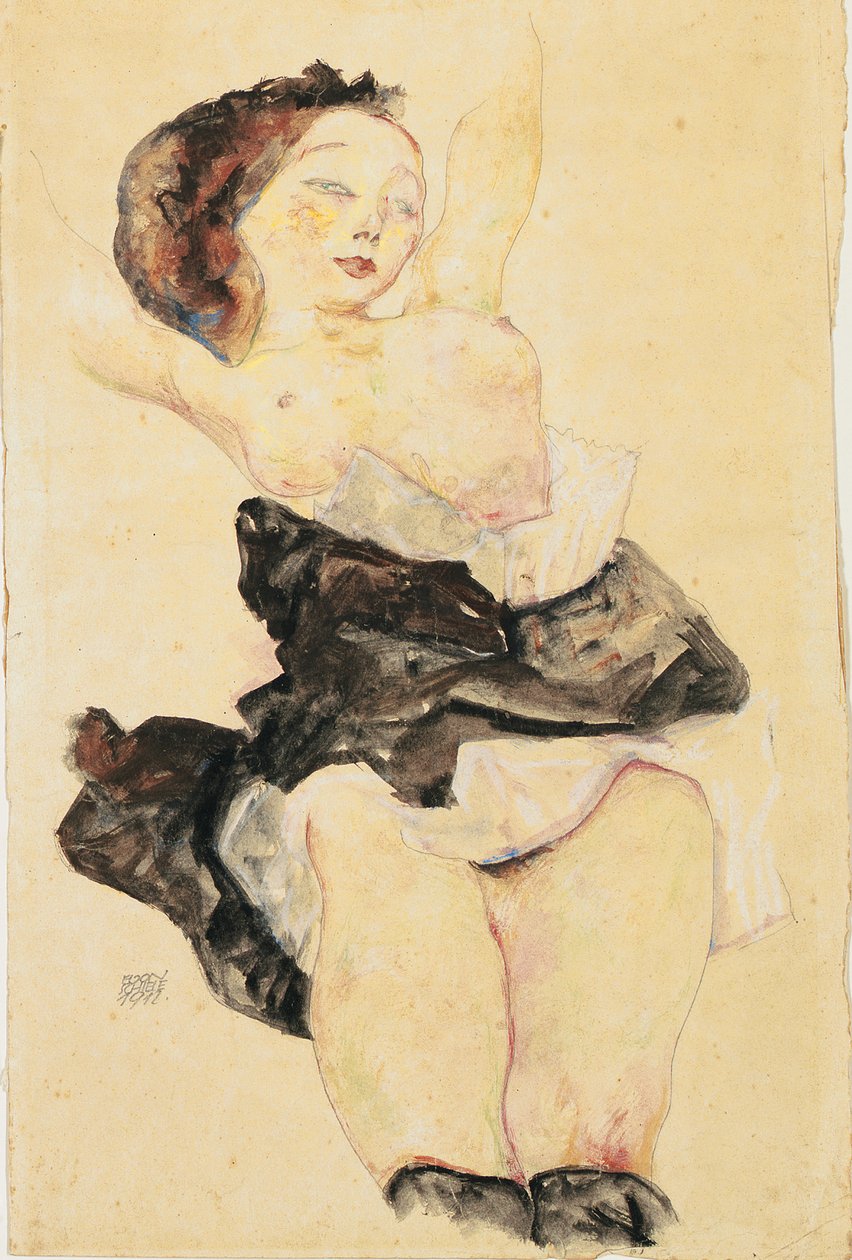 斜倚的少女，半裸，1912年 作者 埃贡·席勒（Egon Schiele）