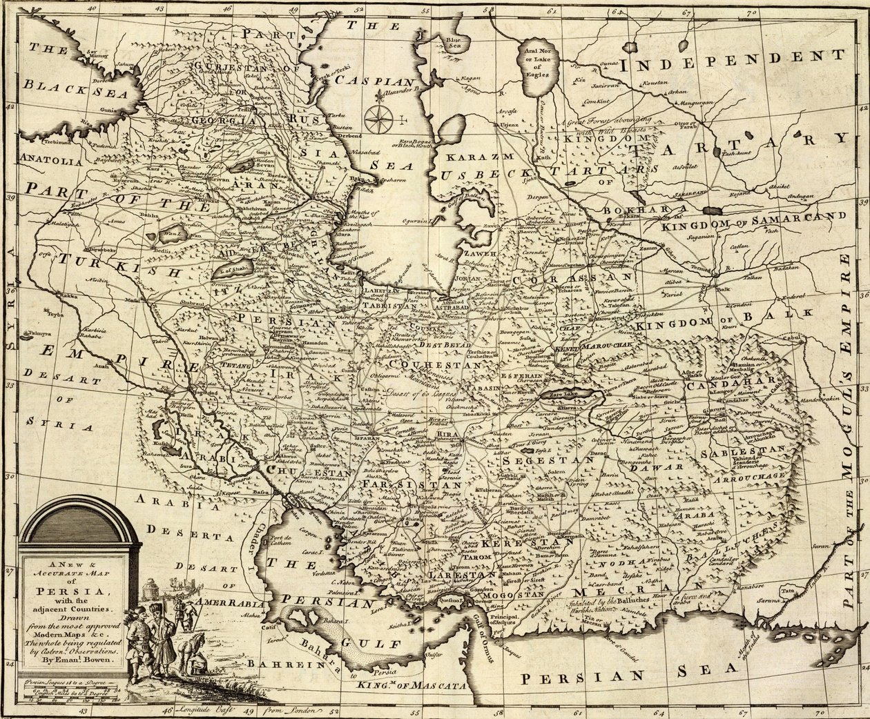波斯与邻国的新地图。 作者 伊曼纽尔·鲍恩（Emanuel Bowen）