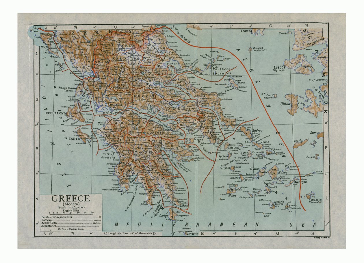 现代希腊地图，c1910年代。 作者 埃默里·沃克