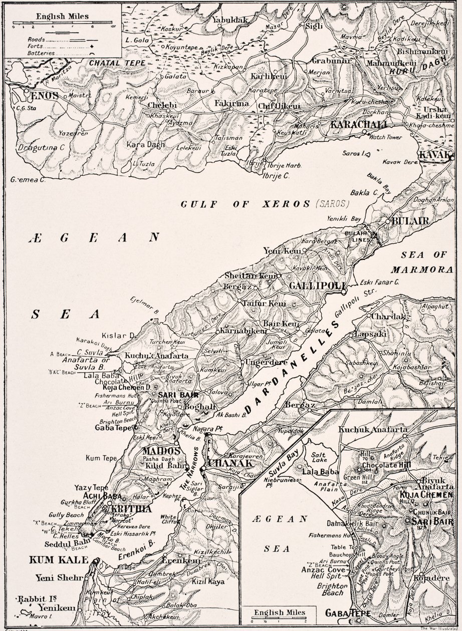 1915年加利波利半岛和土耳其达达尼尔海峡的详细地图，出自伦敦1916年出版的“战争画报专辑” 作者 英语学校