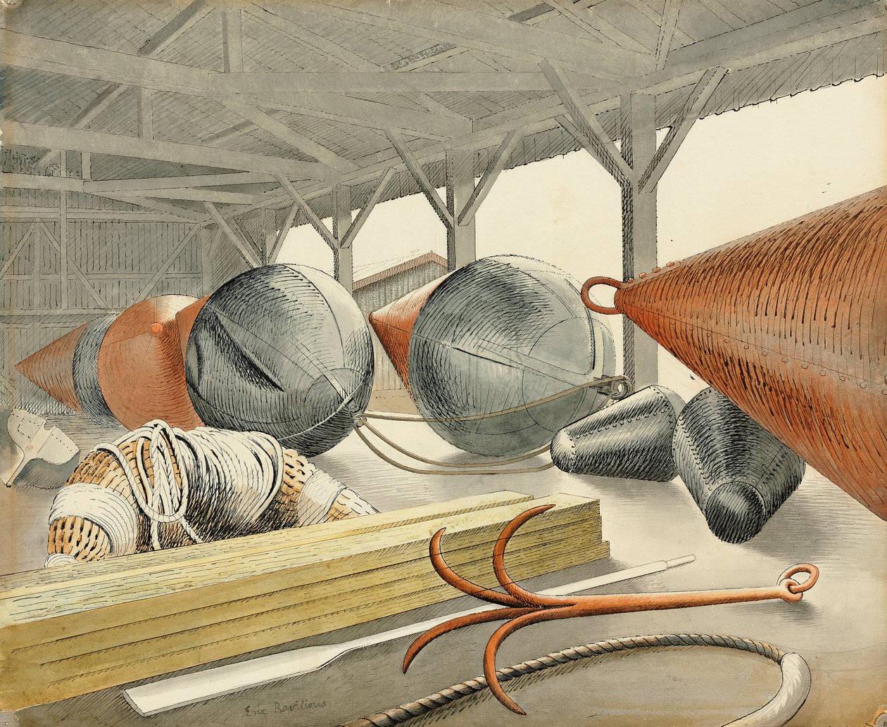 浮标和抓钩，1933年 作者 埃里克·拉维鲁（Eric Ravilious）