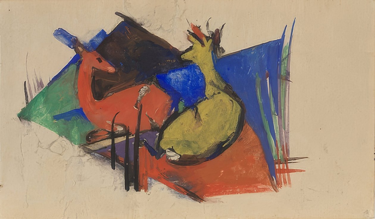 两只鹿说谎。 1912-13 作者 弗朗兹·马克（Franz Marc）