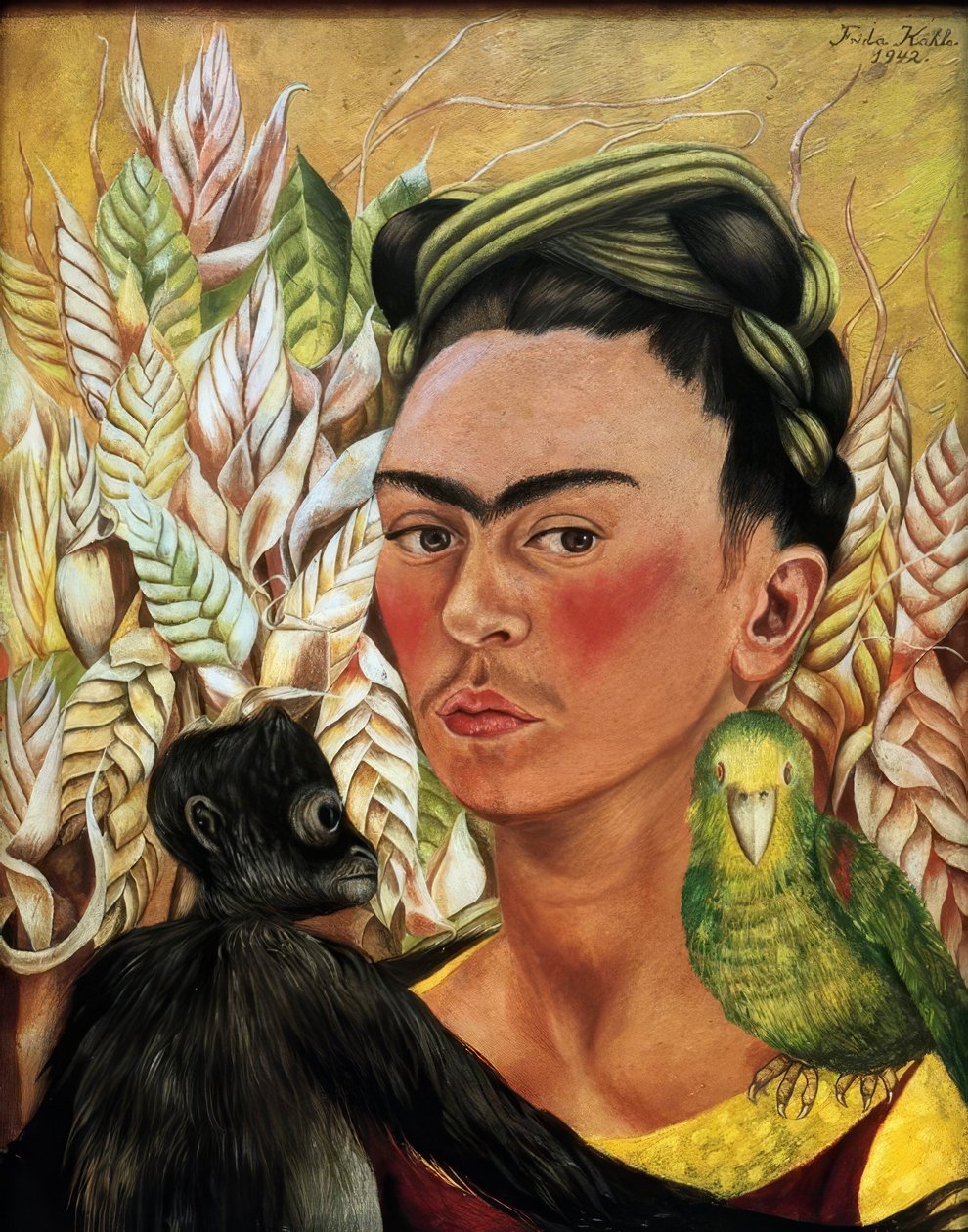 与猴子和鹦鹉的自画像 作者 弗里达·卡罗