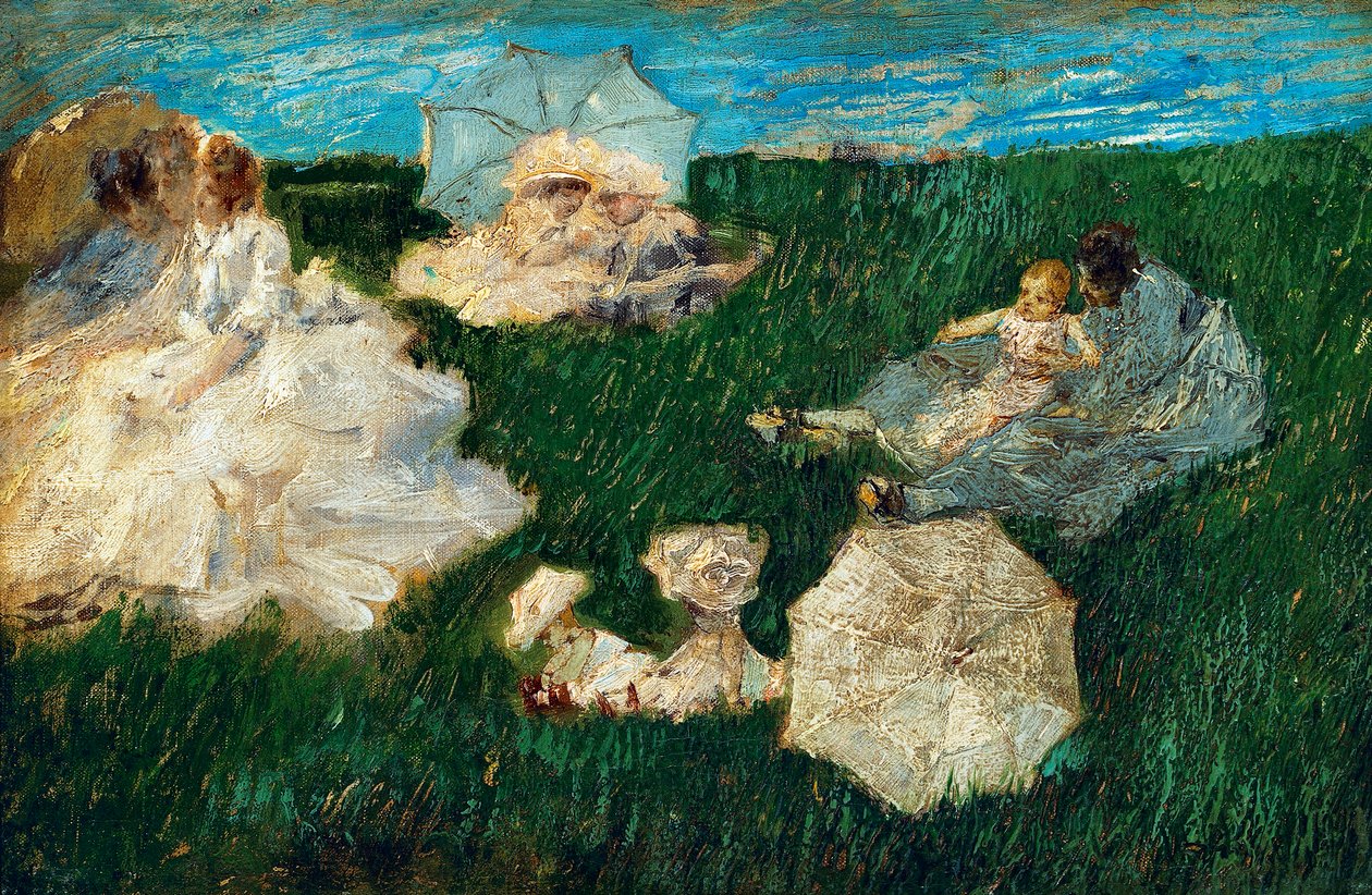女人和孩子在花园里 作者 加埃塔诺·普雷维亚蒂（Gaetano Previati）