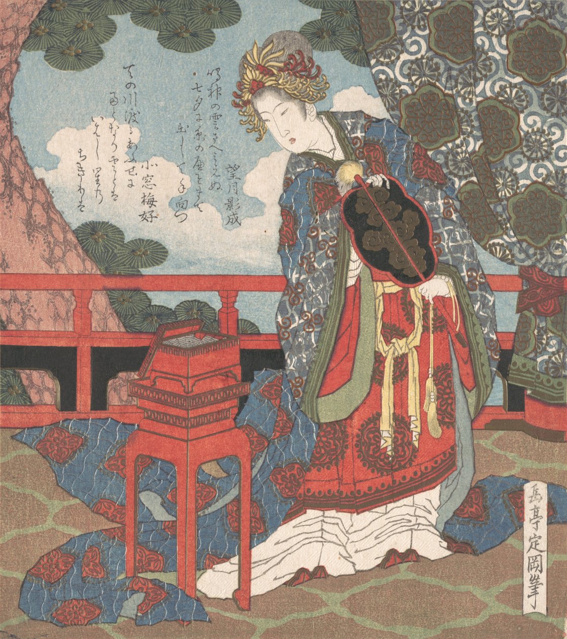 站在阳台上的持扇女士，19世纪。 作者 学亭