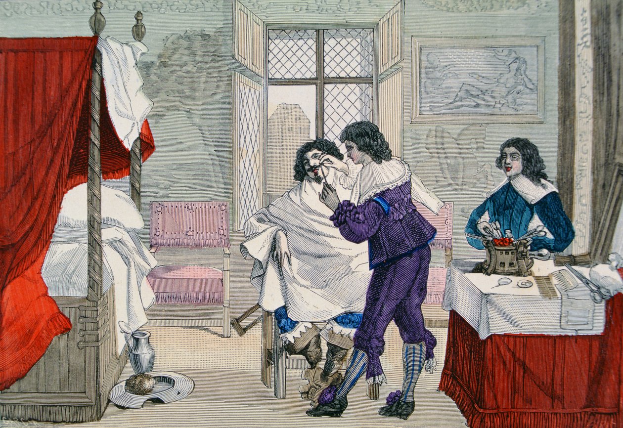 路易十三（1601-43）时代的理发店内部，来自&39;Costumes de Paris a Travers les Siecles&39;编辑。罗伊，1887年出版（彩色版画） 作者 加西亚
