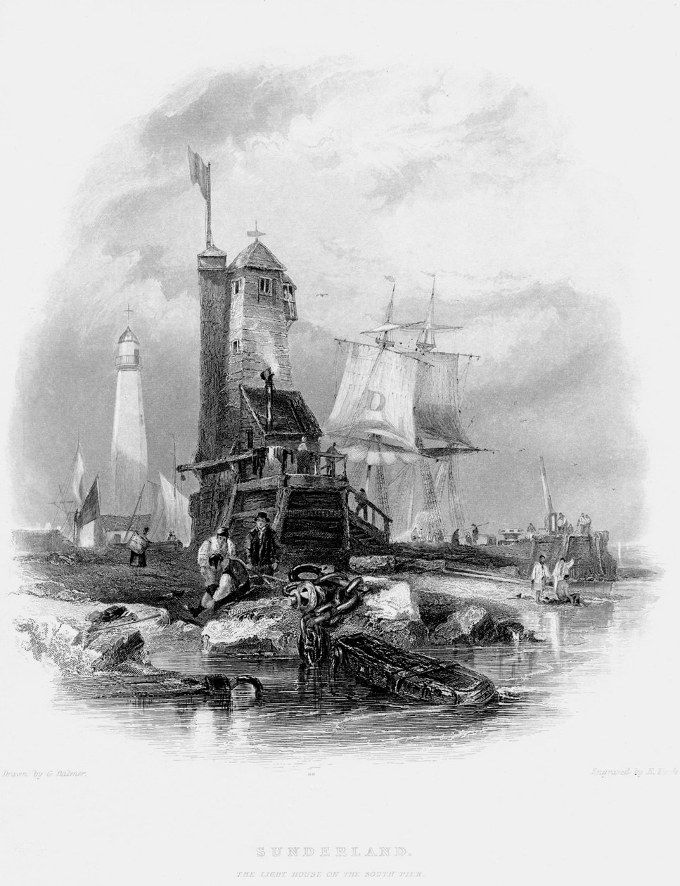 南码头的桑德兰灯塔，1841年 作者 乔治·巴尔默
